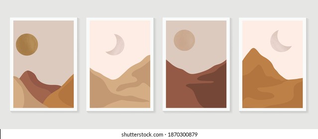Mountain and landscape wall arts collection. Abstract art with land, desert, home, way, sun, sky. Design for wall art home decoration, prints, digital and smart phone wallpaper, fabric and background