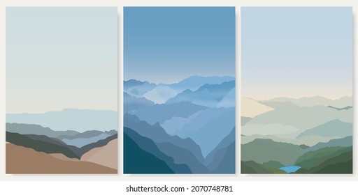 Colección de arte de las montañas y los paisajes de los muros. Arte abstracto con tierra, desierto, hogar, camino, sol, cielo. Diseño para la decoración de la casa de arte de pared, impresiones, papel de pared digital e inteligente, tela y fondo.