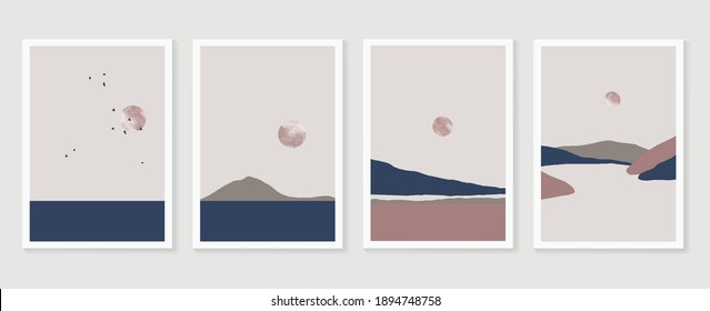 Mountain and landscape wall arts vector collection. Gold and Watercolor art with sun, moon, sky. Design for wall art home decoration, prints, digital and smart phone wallpaper, fabric and background