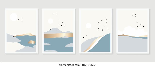Mountain and landscape wall arts vector collection. Gold and Watercolor art with sun, moon, sky. Design for wall art home decoration, prints, digital and smart phone wallpaper, fabric and background - Shutterstock ID 1894748761