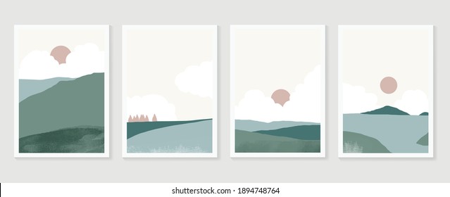 Mountain and landscape wall arts vector collection. Gold and Watercolor art with sun, moon, sky. Design for wall art home decoration, prints, digital and smart phone wallpaper, fabric and background