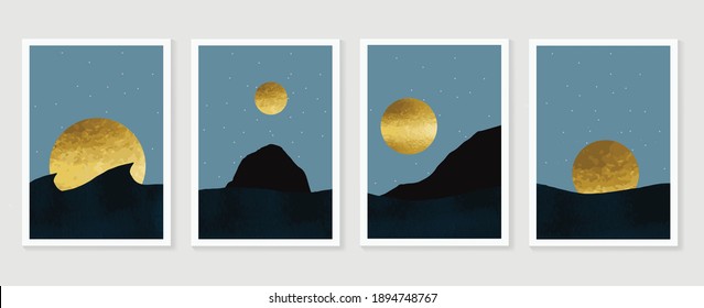 Mountain and landscape wall arts vector collection. Gold and Watercolor art with sun, moon, sky. Design for wall art home decoration, prints, digital and smart phone wallpaper, fabric and background