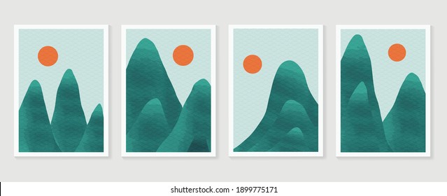 Mountain landscape wall arts vector. Japanese oriental style abstract arts with green texture design for wall framed prints, canvas prints, poster, home decor, cover, luxury wallpaper. 