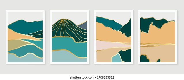 Mountain and landscape wall arts vector. Japanese oriental style abstract arts with watercolors texture design for wall framed prints, canvas prints, poster, home decor, cover, luxury wallpaper. 