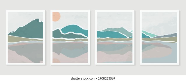 Mountain and landscape wall arts vector. Japanese oriental style abstract arts with watercolors texture design for wall framed prints, canvas prints, poster, home decor, cover, luxury wallpaper. 