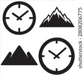 Mountain Landscape and Wall Clock Silhouette Vector Icons Set