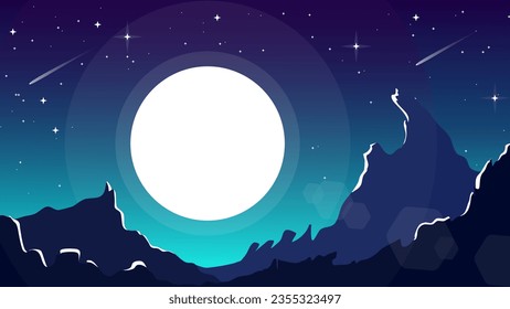 mountain landscape wallpaper for dekstop. mountain landscape background. mountain view at night with moon and stars. night sky with moon and stars background. 