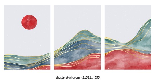 Mountain landscape with watercolor brush and golden line art print. Abstract mountain contemporary aesthetic backgrounds landscapes. vector illustrations