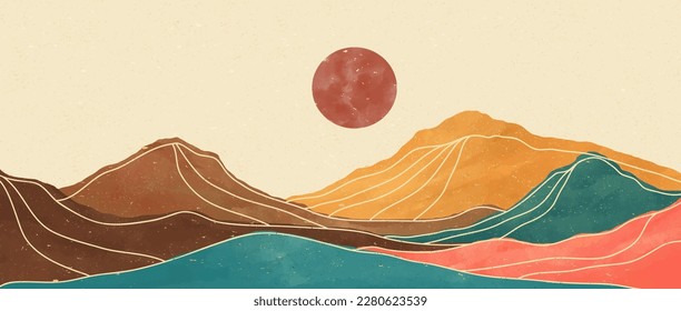 Mountain landscape watercolor painting illustration. Natural abstract landscape background design. Mid century modern wall art print. mountain, hills, sunset