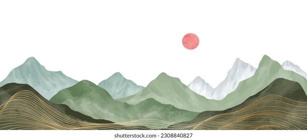 Mountain landscape watercolor painting illustration with line art pattern. Abstract contemporary aesthetic backgrounds landscapes. mountains, hills, sun and skyline