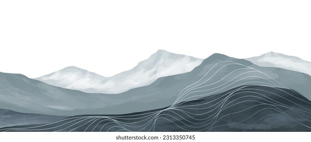 Ilustración de la pintura acuarela del paisaje montañoso con un patrón de arte lineal. Resumen de los paisajes estéticos contemporáneos. montañas, colinas y horizontes