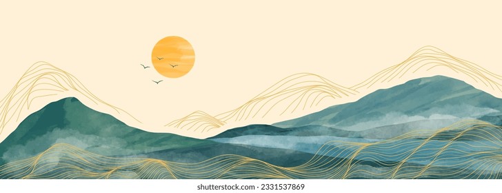 Mountain landscape watercolor painting illustration with line art pattern. Abstract contemporary aesthetic backgrounds landscapes. mountains, hills, sun and skyline