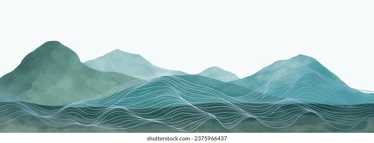 Mountain landscape watercolor painting illustration with line art pattern. Abstract contemporary aesthetic backgrounds landscapes. mountains, hills and skyline