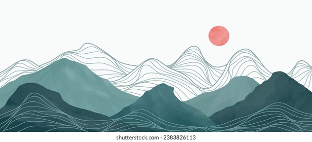 Mountain landscape watercolor painting illustration with line art pattern. Abstract contemporary aesthetic backgrounds landscapes. mountains, hills and skyline