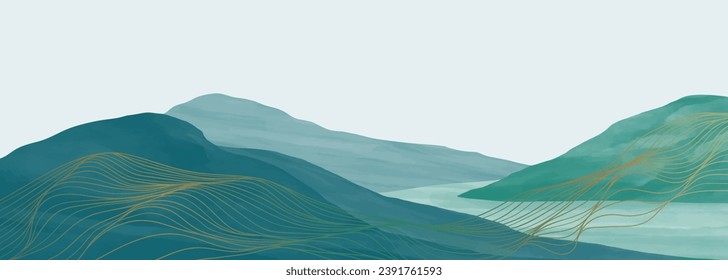 Mountain landscape watercolor painting illustration with line art pattern. Abstract contemporary aesthetic backgrounds landscapes. mountains, hills and skyline