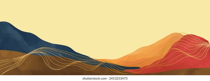 Mountain landscape watercolor painting illustration with line art pattern. Abstract contemporary aesthetic backgrounds landscapes. mountains, hills and skyline