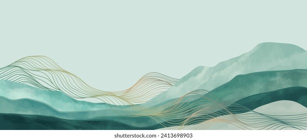 Mountain landscape watercolor painting illustration with line art pattern. Abstract contemporary aesthetic backgrounds landscapes. mountains, hills and skyline