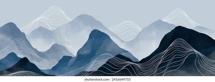 Mountain landscape watercolor painting illustration with line art pattern. Abstract contemporary aesthetic backgrounds landscapes. mountains, hills and skyline