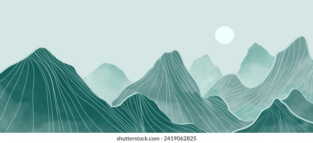 Mountain landscape watercolor painting illustration with line art pattern. Abstract contemporary aesthetic backgrounds landscapes. mountains, hills and skyline