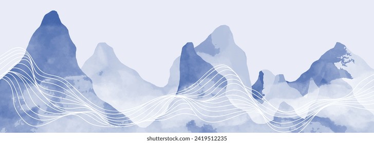 Mountain landscape watercolor painting illustration with line art pattern. Abstract contemporary aesthetic backgrounds landscapes. mountains, hills and skyline