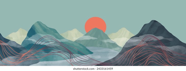 Mountain landscape watercolor painting illustration with line art pattern. Abstract contemporary aesthetic backgrounds landscapes. sunset, mountains, hills and sea