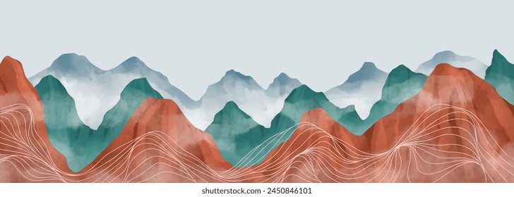 Mountain landscape watercolor painting illustration with line art pattern. Abstract contemporary aesthetic backgrounds landscapes. mountains, hills and skyline