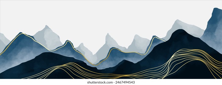 Ilustración de pintura de acuarela de paisaje de montaña con patrón de arte de línea. Abstractas fondos estéticos contemporáneos. montañas, colinas y horizontes