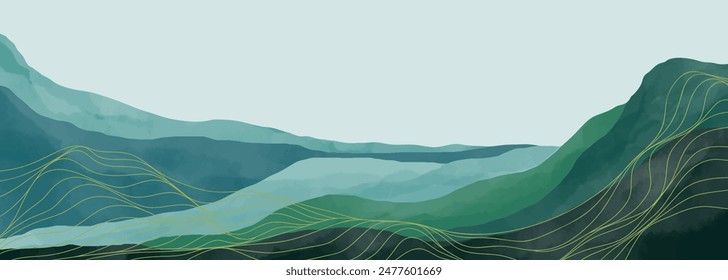 Mountain landscape watercolor painting illustration with line art pattern. Abstract contemporary aesthetic backgrounds landscapes. mountains, hills and line art