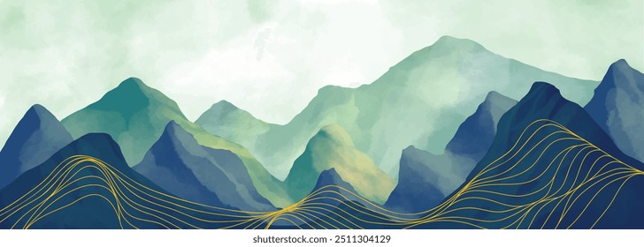 Montanha paisagem aquarela pintura ilustração com padrão de arte de linha. Resumo paisagens de fundo estéticas contemporâneas. uso para arte impressa, cartaz, capa, banner