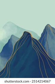 Mountain landscape watercolor painting illustration with line art pattern. Abstract contemporary aesthetic backgrounds landscapes. use for print art, poster, cover, banner