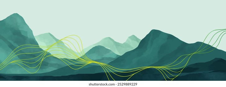 Ilustración de pintura de acuarela de paisaje de montaña con patrón de arte de línea. Abstractas fondos estéticos contemporáneos. Montañas, colinas y arte lineal