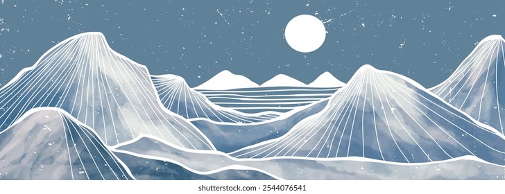 Montanha paisagem aquarela pintura ilustração com padrão de arte de linha. Resumo contemporâneo paisagens de fundo estético. montanhas, colinas e oceano