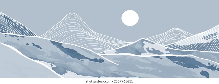 Mountain landscape watercolor painting illustration with line art pattern. Abstract contemporary aesthetic backgrounds landscapes. mountains, hills and moon