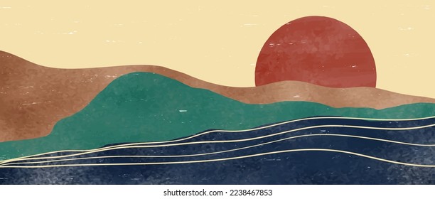 Mountain landscape watercolor painting. Mid Century Modern Art. Natural abstract landscape background. with mountains, hills, forest and sunset. vector illustration