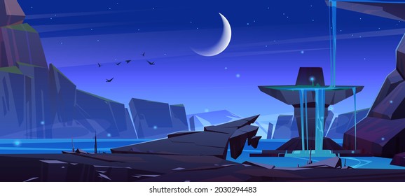 Mountain landscape with waterfall at night. Vector cartoon illustration of nature scene with moon and stars in sky. River fall off stone cliff in lake with rocks. Cascade water flow off ledge