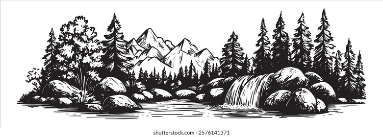 mountain landscape with waterfall, rocks, and pine trees in black and white hand-drawn style