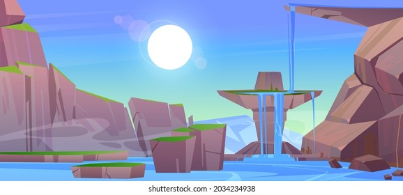 Mountain landscape with waterfall. Vector cartoon illustration of nature scene with river fall off stone ledge in lake with rocks and green grass. Cascade water flow off cliff