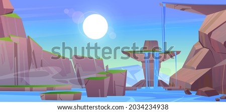 Mountain landscape with waterfall. Vector cartoon illustration of nature scene with river fall off stone ledge in lake with rocks and green grass. Cascade water flow off cliff