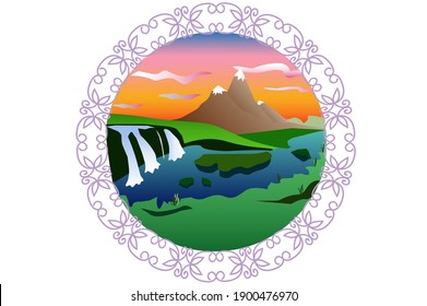 Mountain landscape with waterfalls in a round openwork frame. Vector illustration