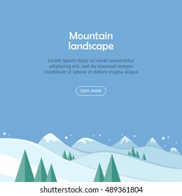 Mountain landscape web banner. Skiing scenery design. Extreme hills in snowy outdoor high mountains. Sport season environment. Winter holiday resort activity. Blue sky and crystal white snow. Vector