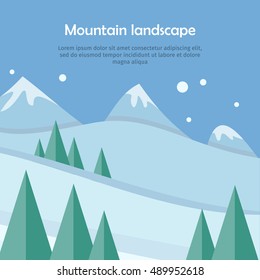 Mountain landscape web banner. Skiing scenery design. Extreme hills in snowy outdoor high mountains. Sport season environment. Winter holiday resort activity. Blue sky and crystal white snow. Vector