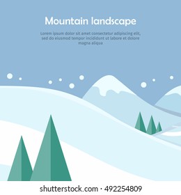 Mountain landscape web banner. Skiing scenery design. Extreme hills in snowy outdoor high mountains. Sport season environment. Winter holiday resort activity. Blue sky and crystal white snow. Vector