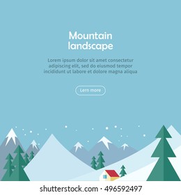 Mountain landscape web banner. Skiing scenery design. Extreme hills in snowy outdoor high mountains. Sport season environment. Winter holiday resort activity. Blue sky and crystal white snow. Vector