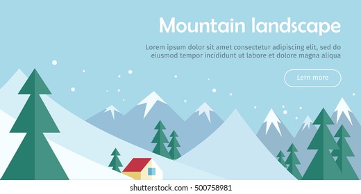 Mountain landscape web banner. Skiing scenery design. Extreme hills in snowy outdoor high mountains. Sport season environment. Winter holiday resort activity. Blue sky and crystal white snow. Vector