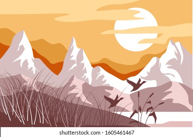 Mountain landscape, wild birds of America, steppe or prairie