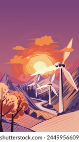 Mountain landscape with wind turbines, vector illustration