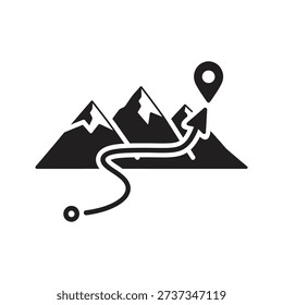 Mountain landscape with winding path and location pin symbolizing adventure travel route achievement destination journey goal concept design