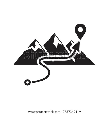 Mountain landscape with winding path and location pin symbolizing adventure travel route achievement destination journey goal concept design