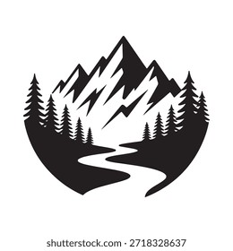 Paisagem de montanha com rio sinuoso e pinheiros um design minimalista