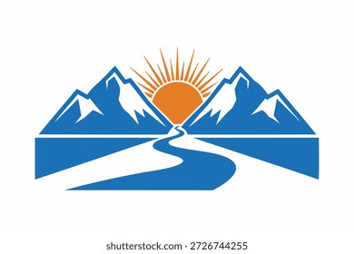 Paisaje montañoso con el río sinuoso y la Ilustración vectorial del sol naciente